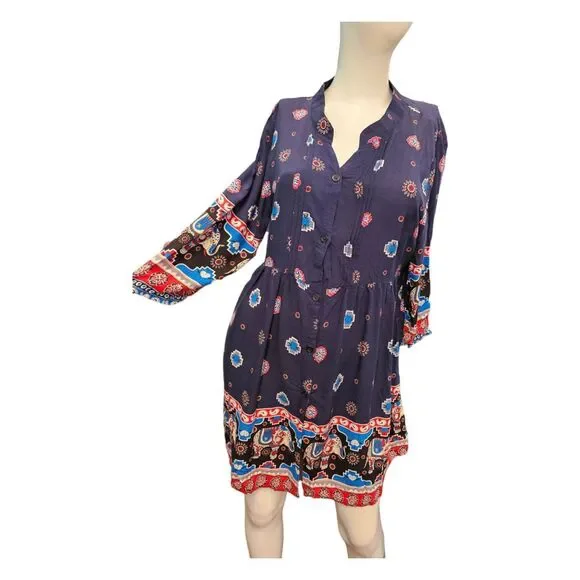 blue elephant dress Teal Elephant Print Boho Dress with Crochet Top main image 1
